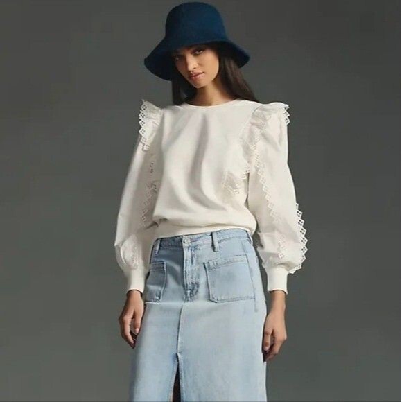 Anthropologie Tops - By Anthropologie Ruffle-Sleeve Lace Sweatshirt Top Eyelet Cotton SP New 284729